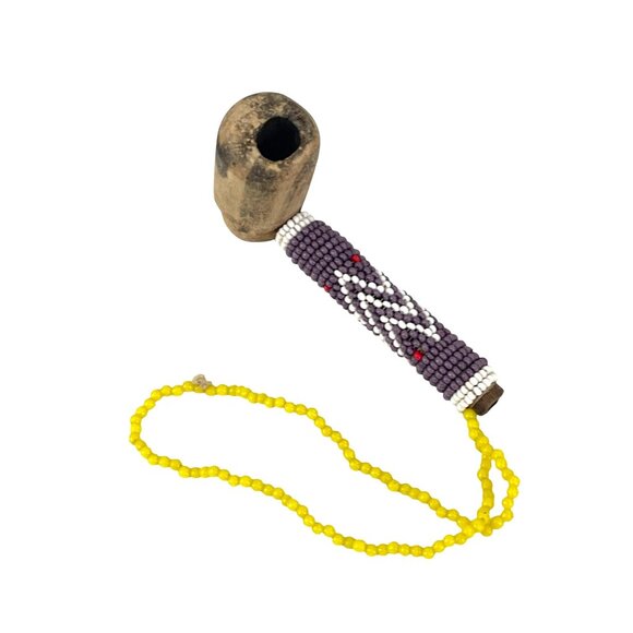 Vintage Wooden Beaded Pipe With Yellow Bead Strap - Picture 4 of 7